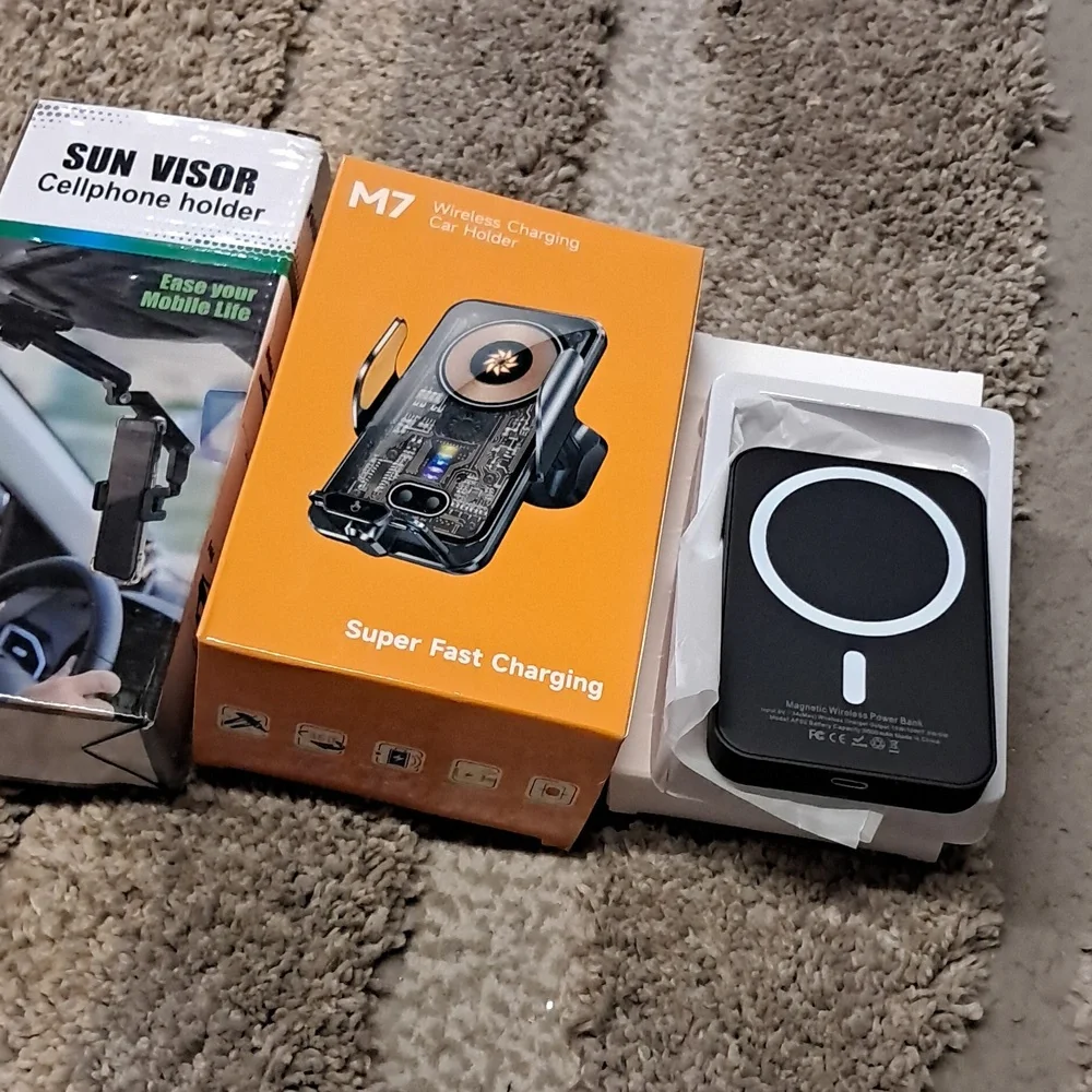 Sun Visor Cellphone Holder, Wireless Charging Car Holder & Magnetic Power Bank